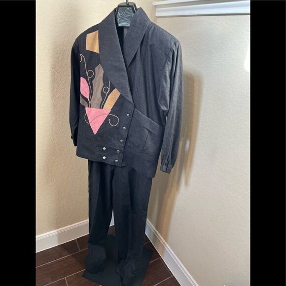 Just Gail vintage dark denim patchwork pantsuit sz large - Picture 1 of 16
